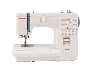 Janome 423S Sewing Machine - Metal bodied robust machine, auto needle threader, 1 step buttonhole, hard cover