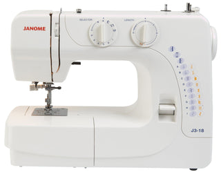 Janome J3-18 Sewing Machine - 18 stitch patterns, auto threader, drop feed for free motion sewing, length control, variable zigzag width